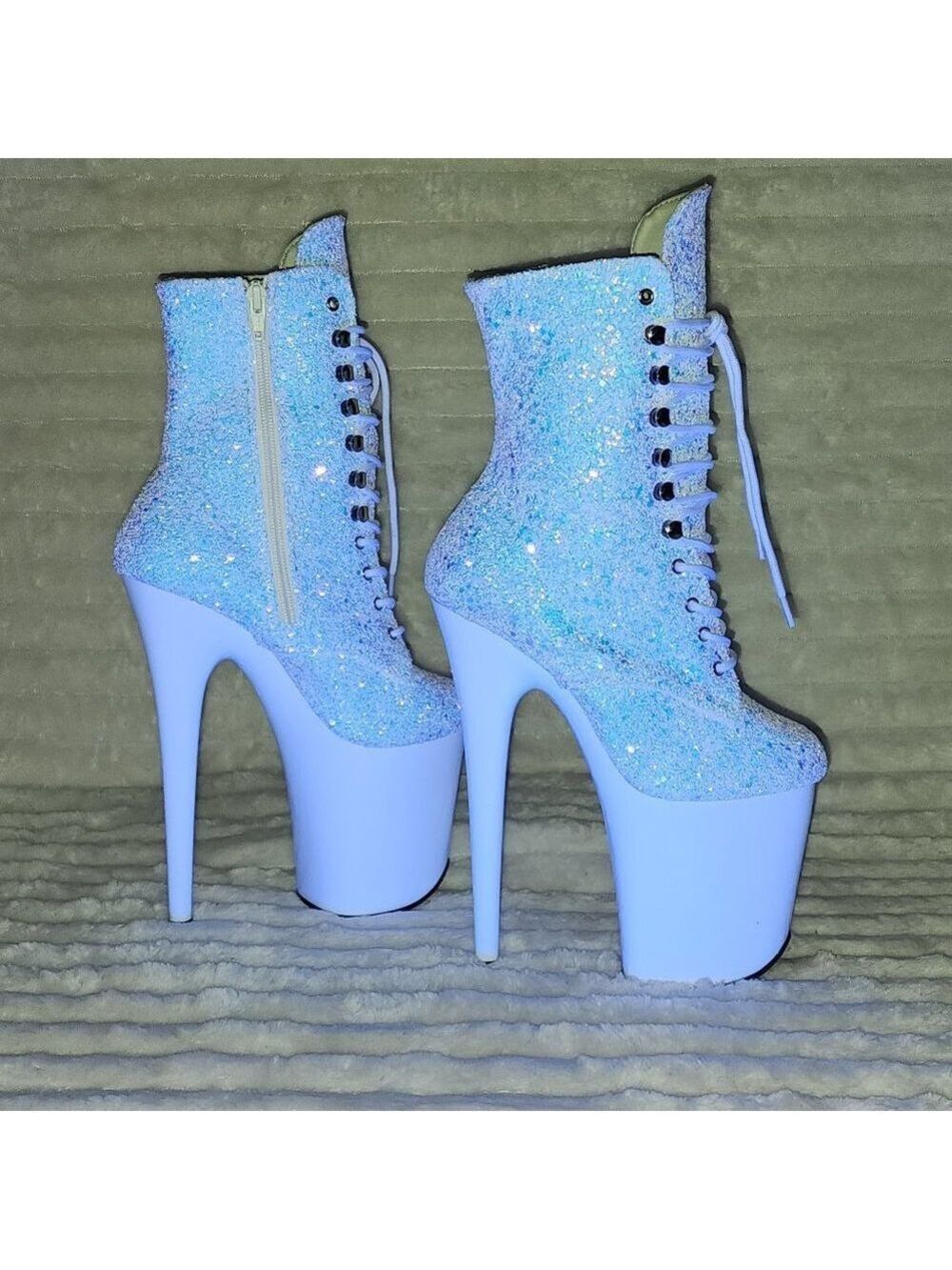 White Ice UV Glitter 8" Platform Heel Ankle Boots Flamingo